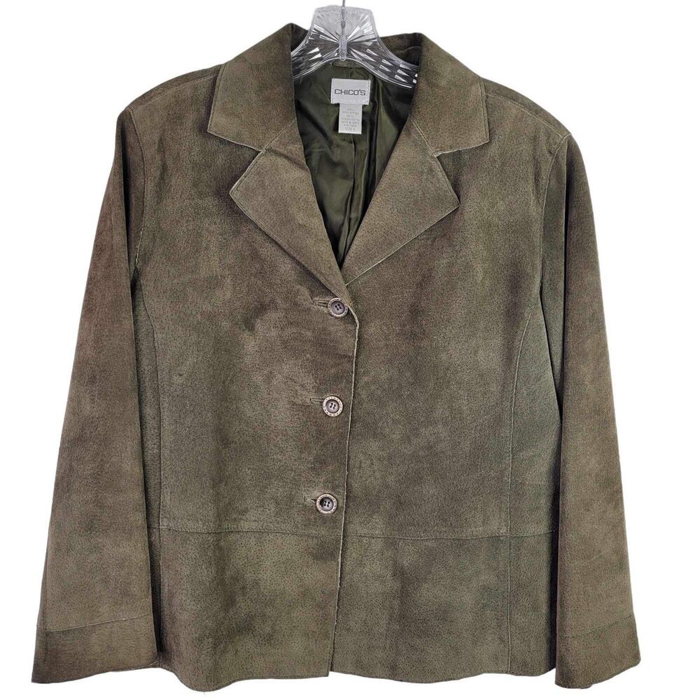 Chicos Leather Jacket Women's 1 US Medium Dark Green Lined Suede Button Front
